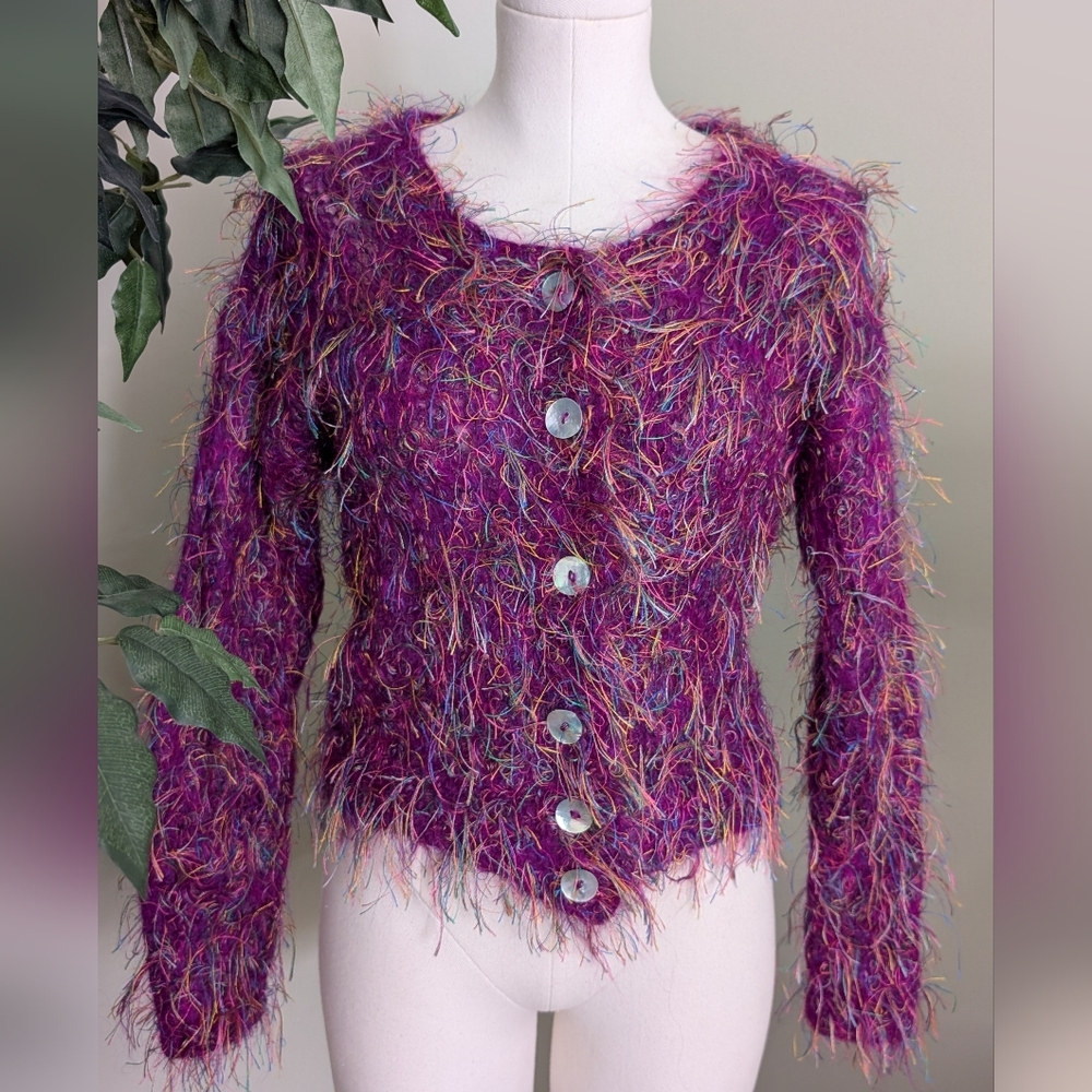 Y2K Women’s Handmade Fuzzy Eyelash Cardigan Sweater Pink Magenta Size M